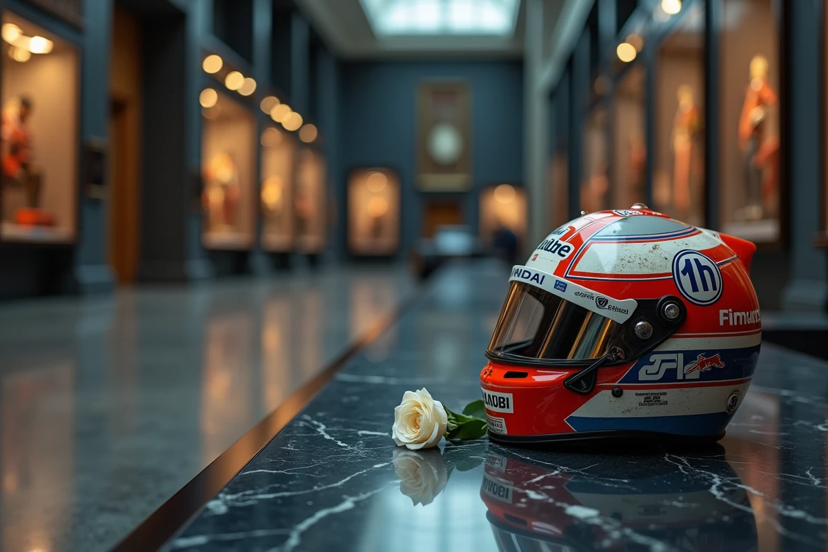 Casque de Formule 1 posé sur du marbre noir avec une rose blanche et un drapeau en hommage à une légende du sport automobile