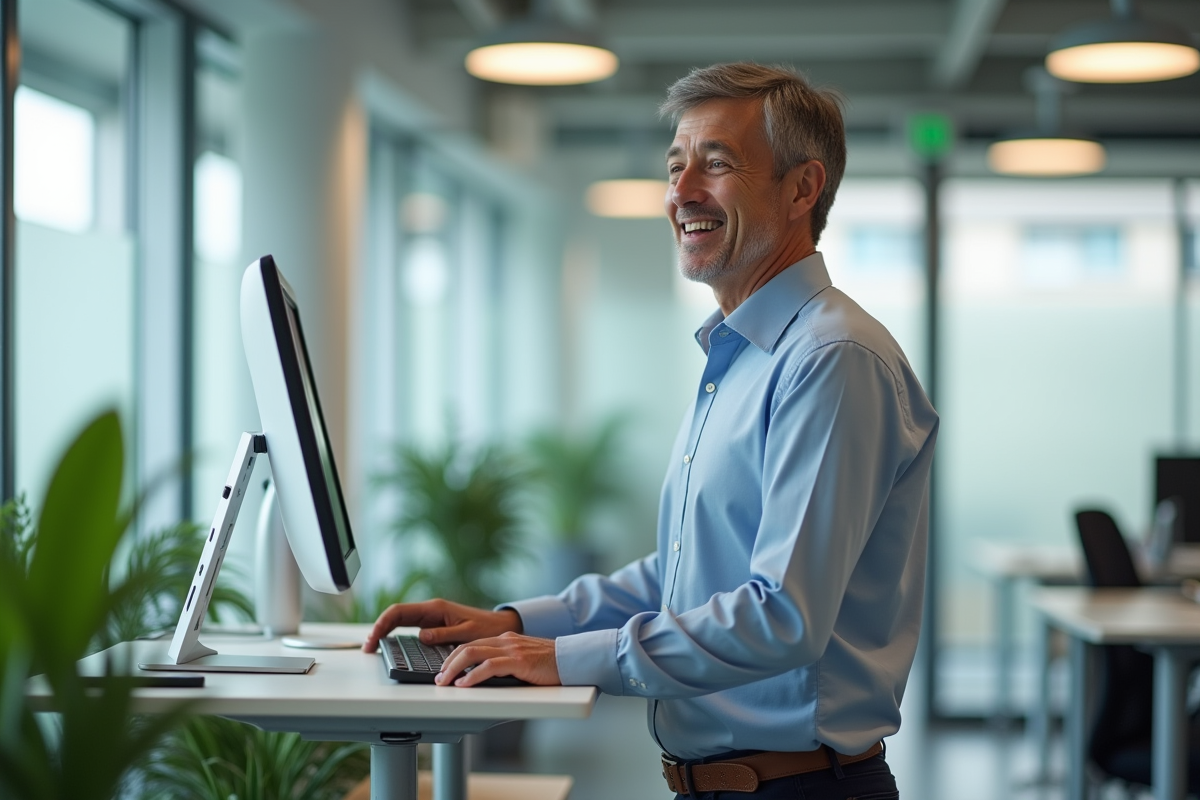 Homme en posture droite au bureau moderne
