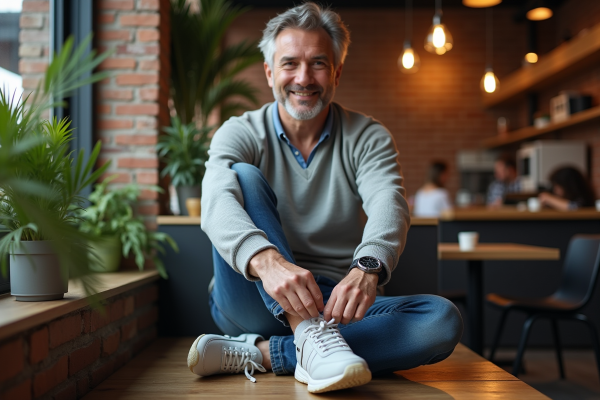 Homme assis au café en train de lacer ses chaussures