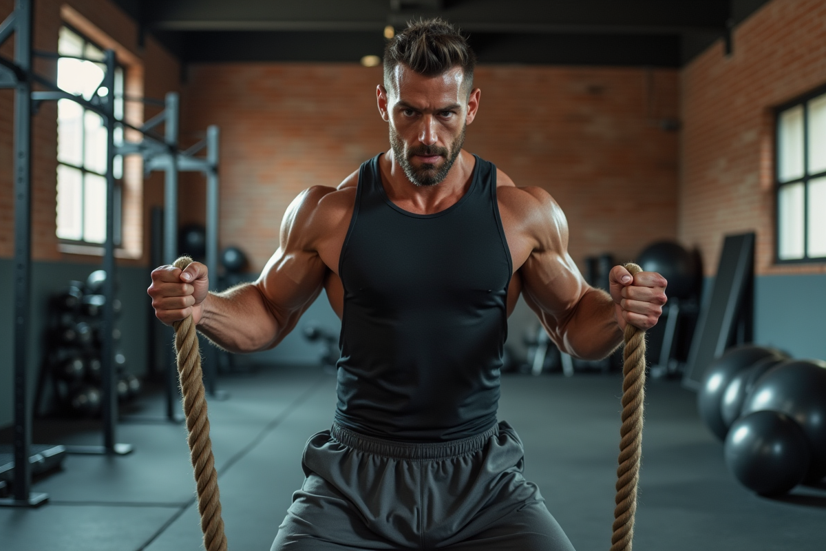 Homme musclé faisant un exercice avec des cordes de combat