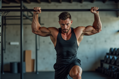 Homme musclé faisant un pull-up en salle de sport moderne