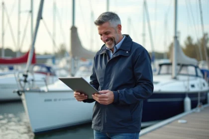 Homme souriant en veste marine vérifiant sa tablette au port