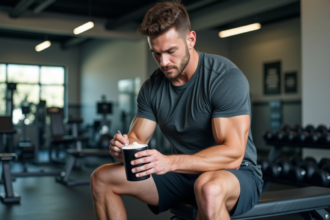 Homme athlétique mesurant de la proteine en salle de sport