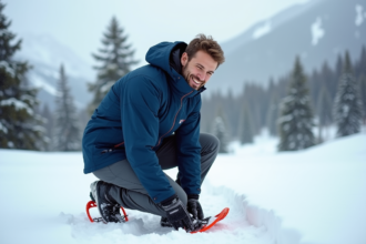Homme souriant en raquette dans la neige en montagne