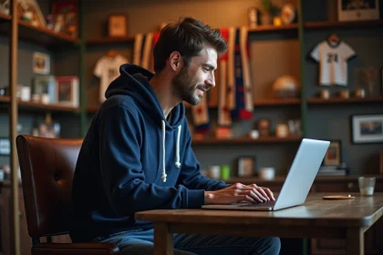 Homme en hoodie regardant un forum football dans une ambiance nostalgie