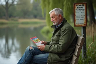 Homme en veste vert moss et jeans regardant son permis de peche