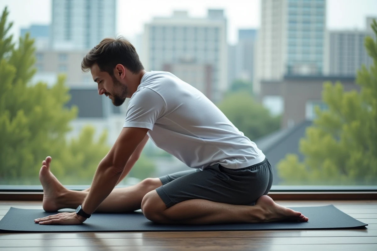 Homme faisant du Pilates gratuit sur un balcon en ville, étirement de la colonne vertébrale en plein air