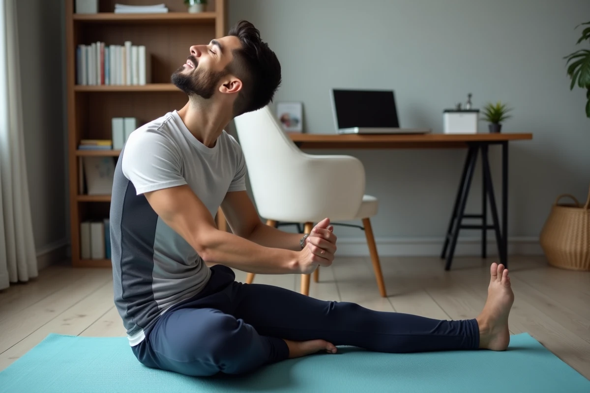 Homme en séance de Pilates dans un coin bureau à domicile, étirement de la colonne vertébrale, tenue sport marine et blanc après journée de travail
