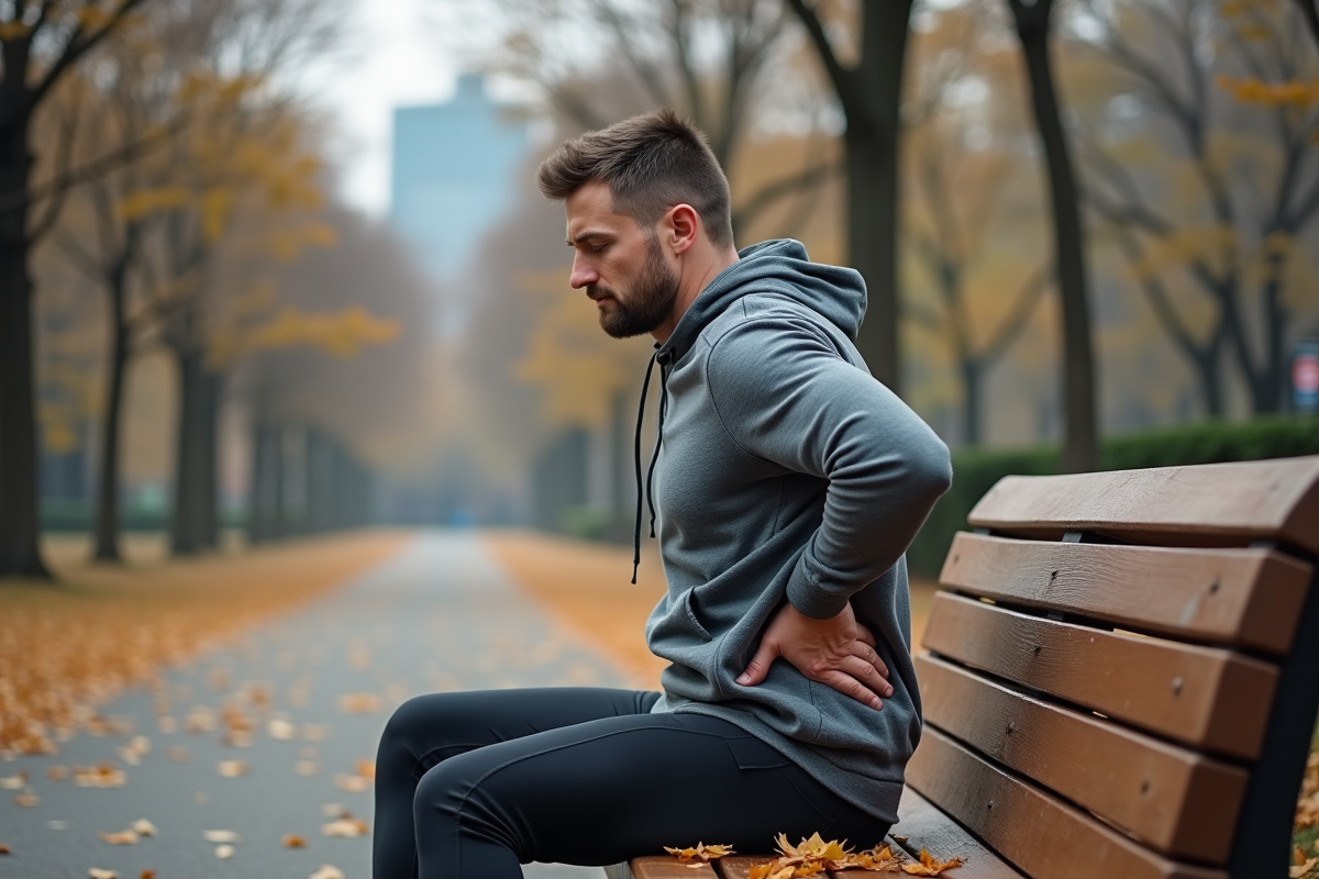 Homme en jogging se détend dans un parc urbain