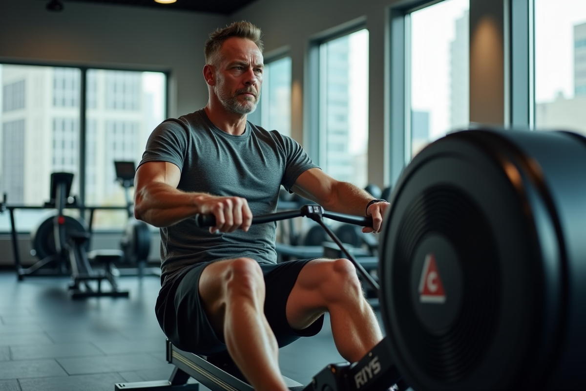 Homme faisant du rameur en salle de sport moderne