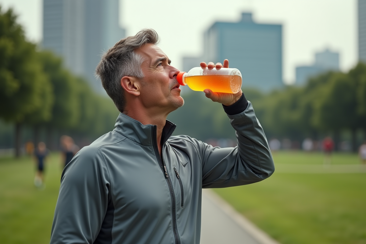 Homme en plein air buvant une boisson énergisante dans un parc