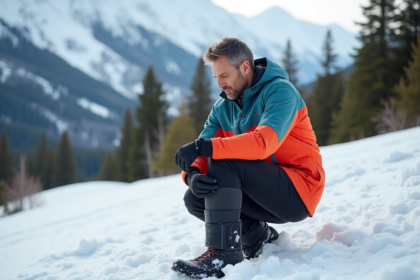 Homme en ski ajustant son genou dans la neige