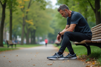 Homme d'âge moyen en tenue de sport sur un banc de parc inspectant sa chaussure