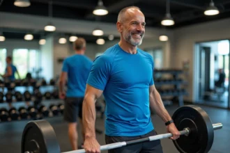 Homme musclé ajustant des poids en salle de sport moderne