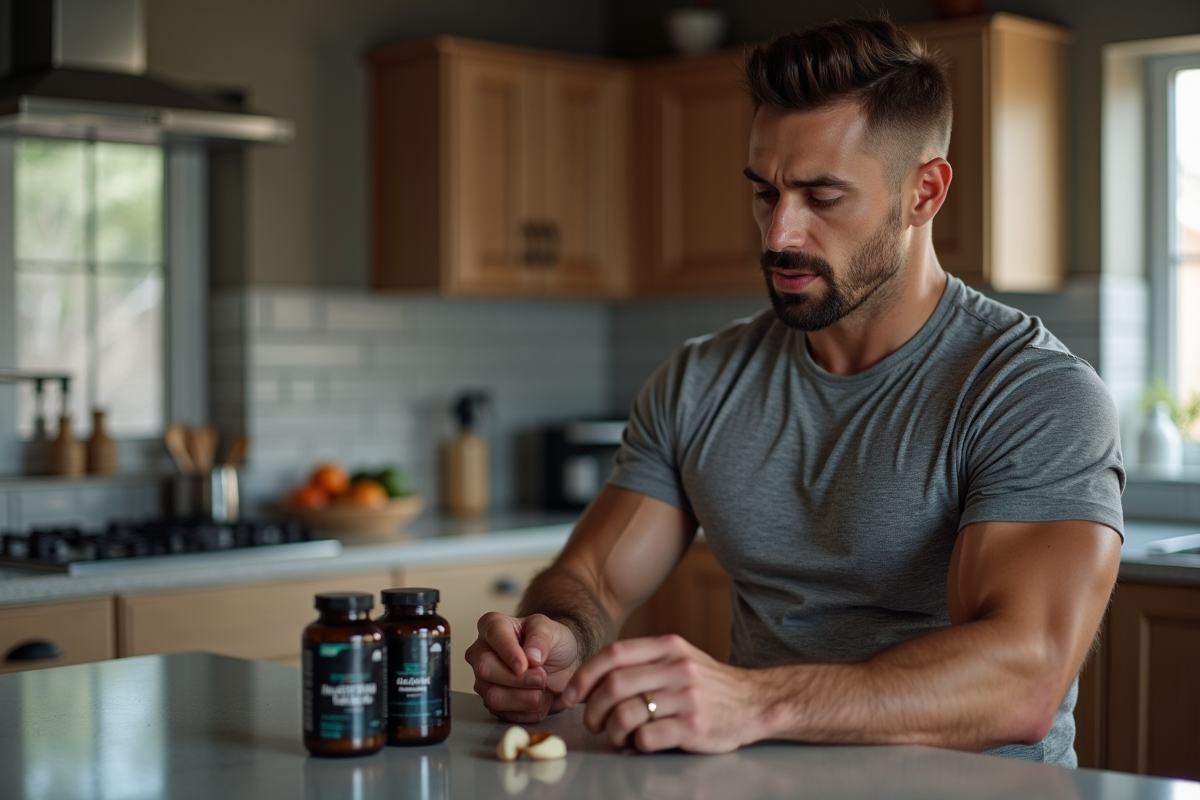 Homme musclé examinant des compléments dans la cuisine
