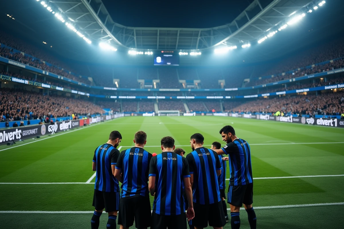 Joueurs de l'Inter Milan en maillot noir et bleu formant un huddle tactique avant un match de Ligue des Champions dans un grand stade européen