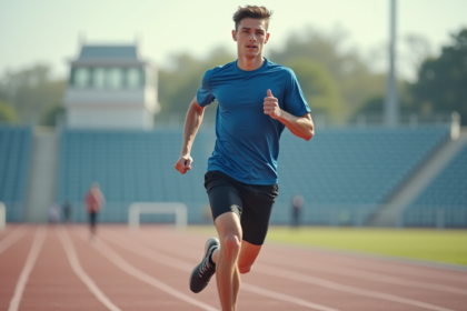 Jeune homme courant vite sur une piste d'athlétisme en matinée