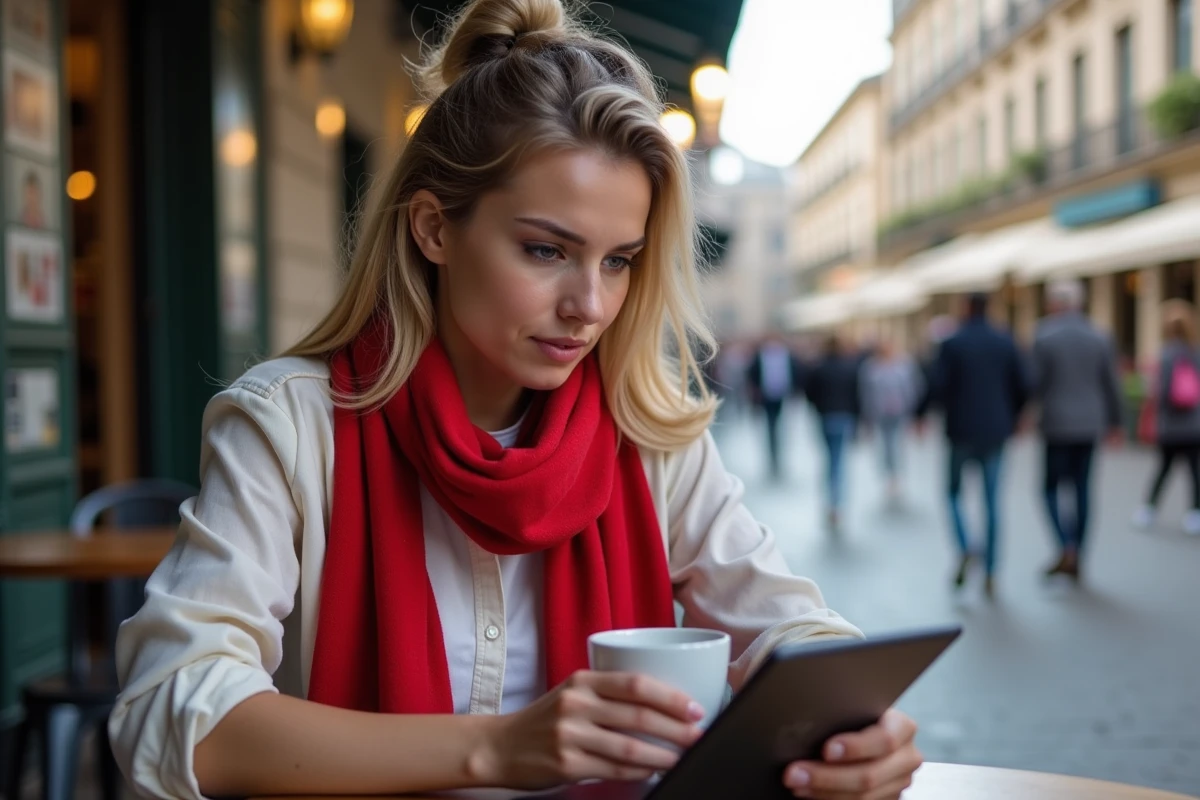Jeune femme regardant le tirage au sort sur une tablette en extérieur