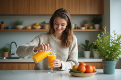 Jeune femme en cuisine versant une boisson énergie maison