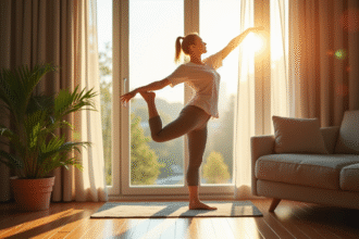 Jeune femme s'étirant dans un appartement lumineux
