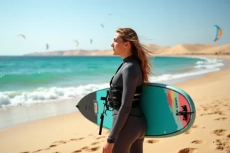 Jeune femme en wetsuit sur la plage égyptienne avec kiteboard