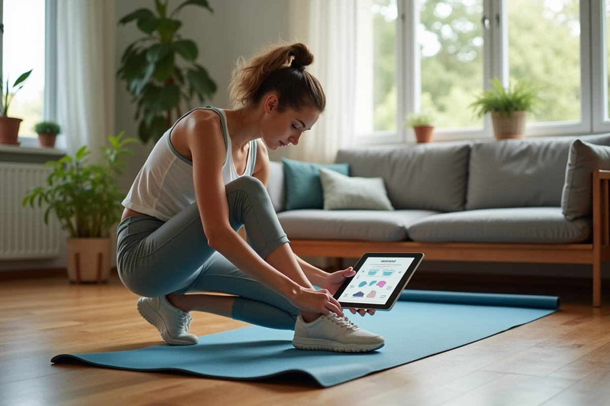 Jeune femme ajustant ses chaussures de sport sur un tapis de yoga à la maison