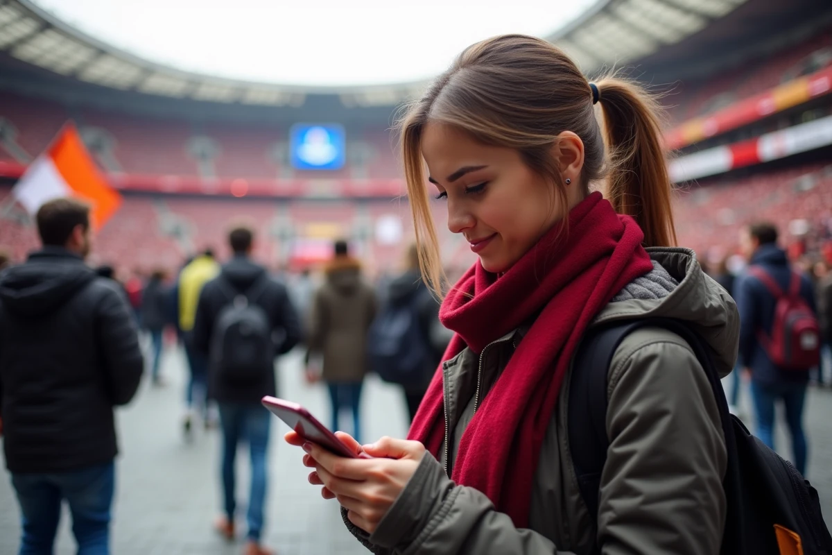 Jeune femme avec écharpe AS Roma vérifiant ses stats