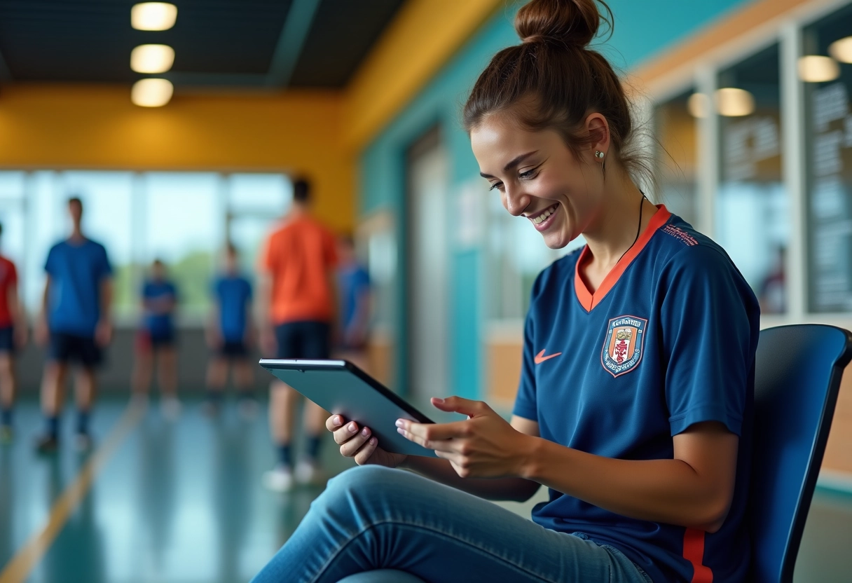 Jeune femme souriante consulte des statistiques sur une tablette en intérieur