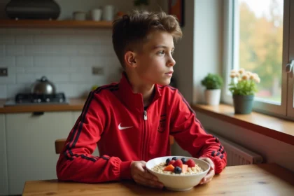 Jeune footballeur mangeant un bol de flocons avec fruits