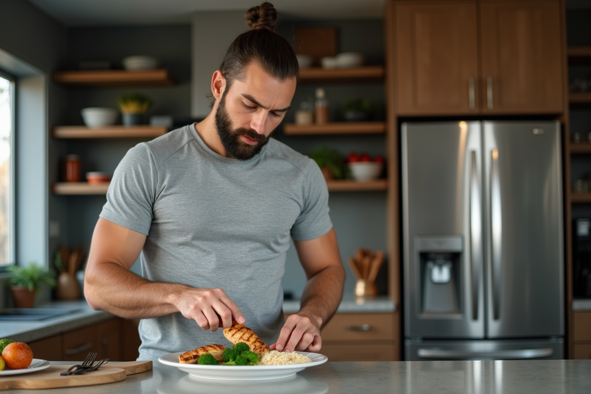 Jeune homme en cuisine préparant un repas protéine