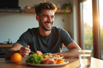 Jeune homme souriant mangeant un repas équilibré dans la cuisine