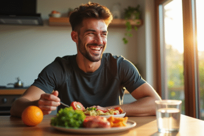 Jeune homme souriant mangeant un repas équilibré dans la cuisine