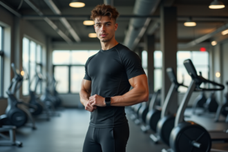 Jeune homme en salle de sport ajustant sa montre connectée