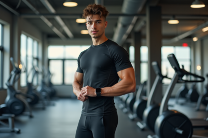 Jeune homme en salle de sport ajustant sa montre connectée