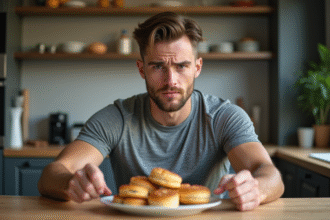 Jeune homme sportif déçu repoussant des pâtisseries dans la cuisine