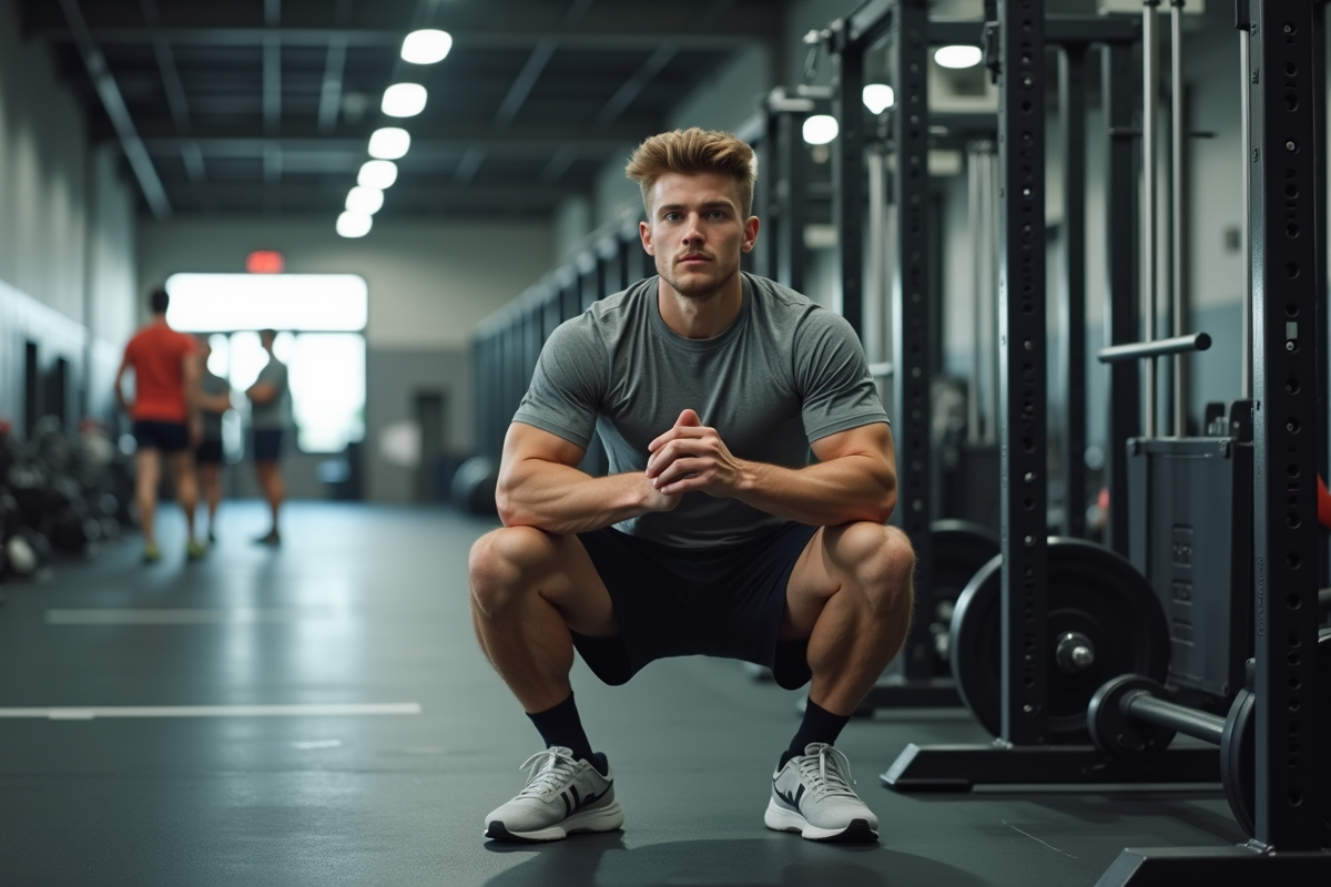 Jeune homme faisant un squat en salle de sport