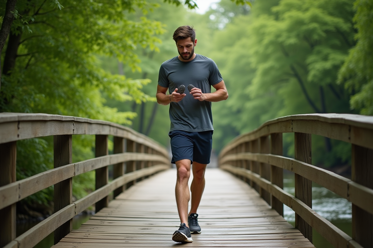 Jeune homme vérifiant ses chaussures après une course au bord de l