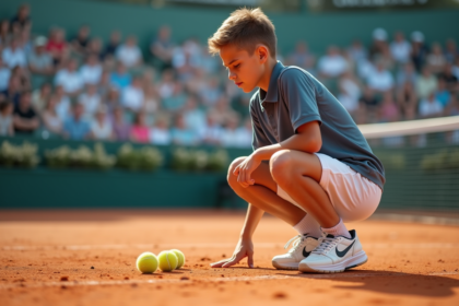 Jeune garçon en uniforme de tennis récupérant des balles sur court