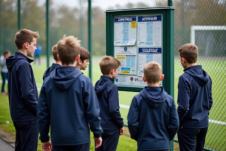 Groupe de jeunes autour d'un panneau d'affichage football