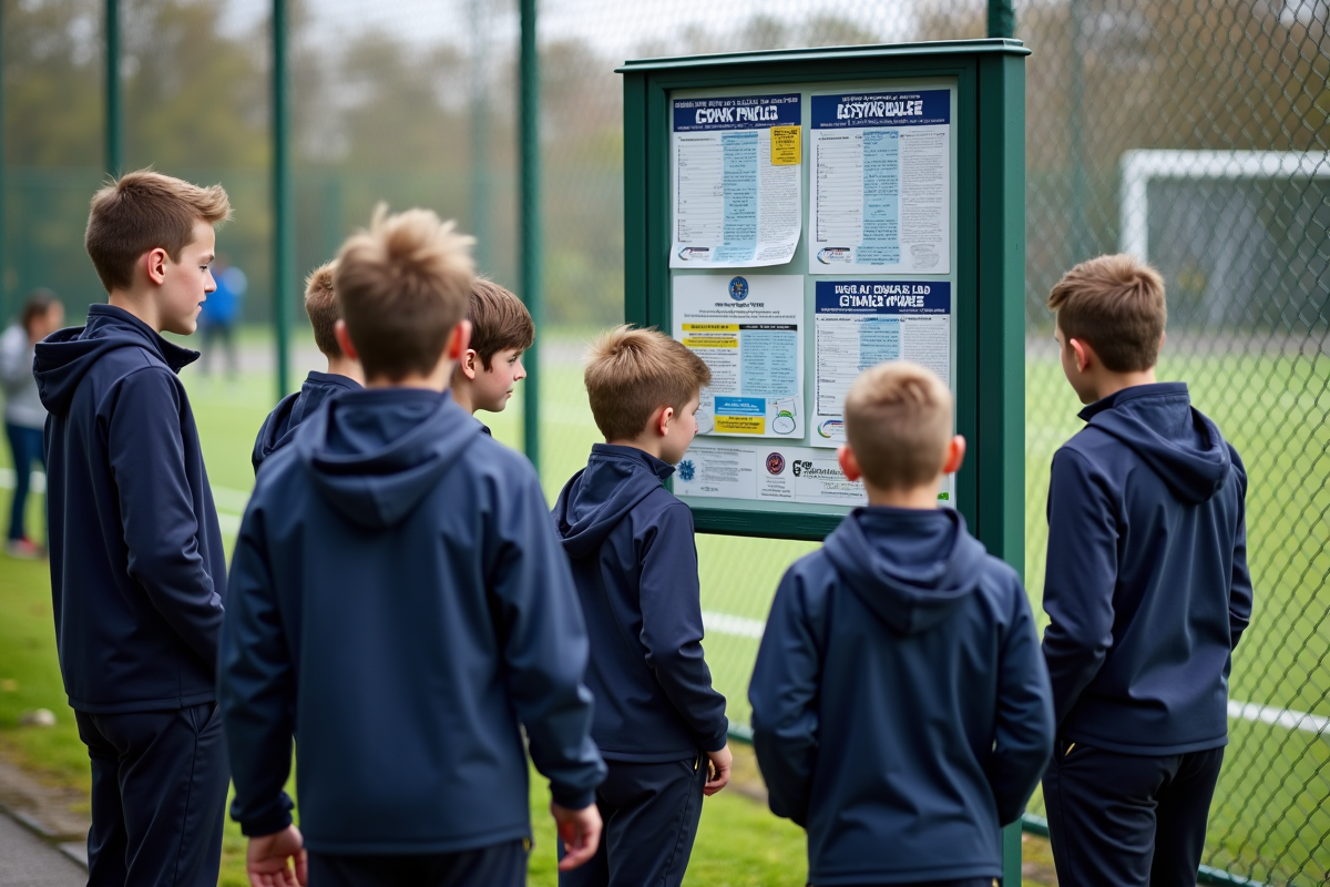 Groupe de jeunes autour d'un panneau d'affichage football