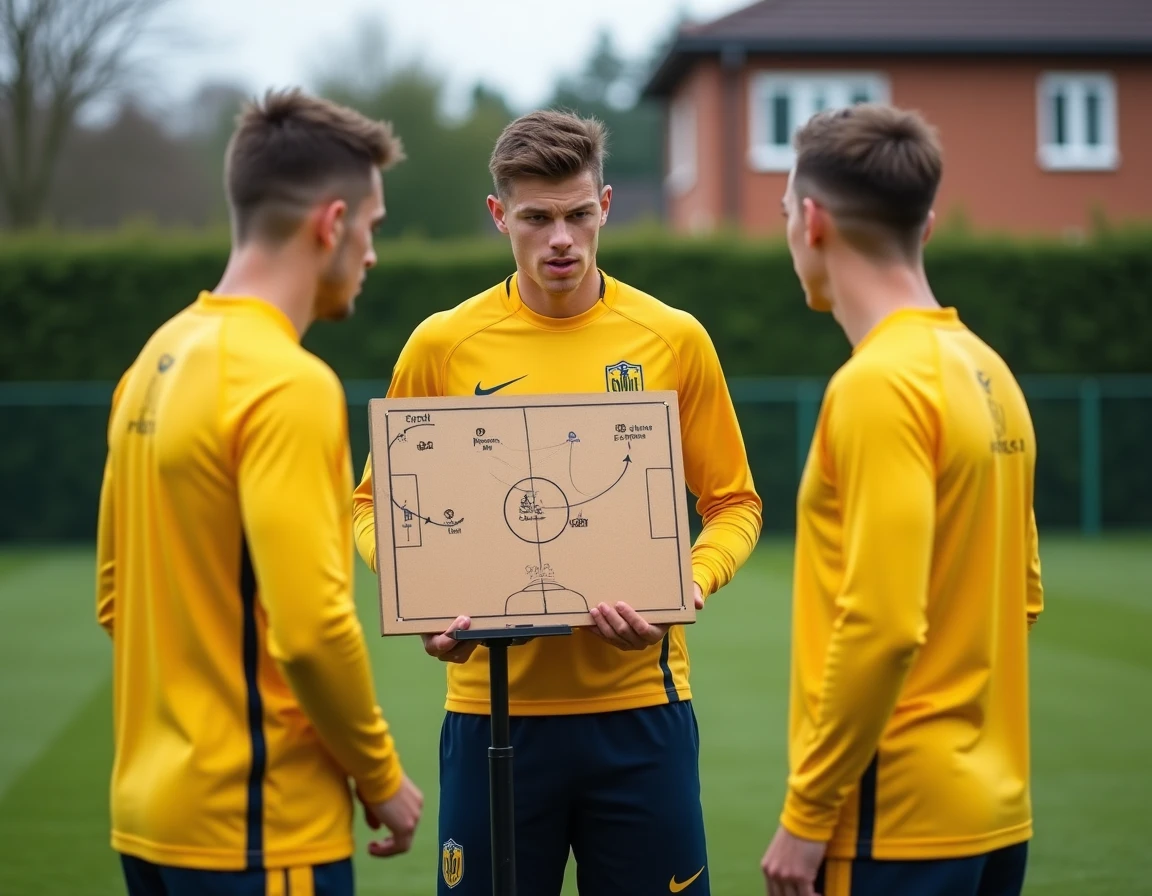 Jeunes joueurs du FC Nantes en tenue d'entraînement étudiant un tableau tactique à l'académie du club