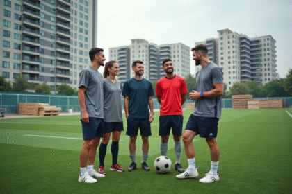Groupe de jeunes sportifs souriants sur un terrain synthétique