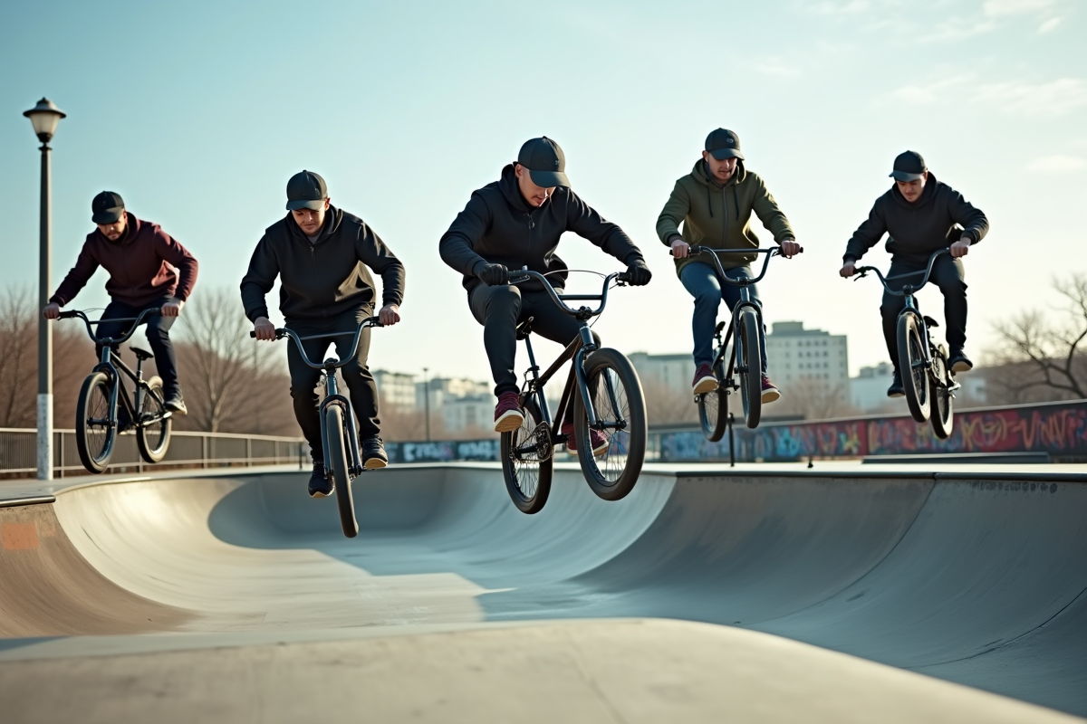 Groupe de jeunes faisant des tricks en BMX dans un skatepark urbain