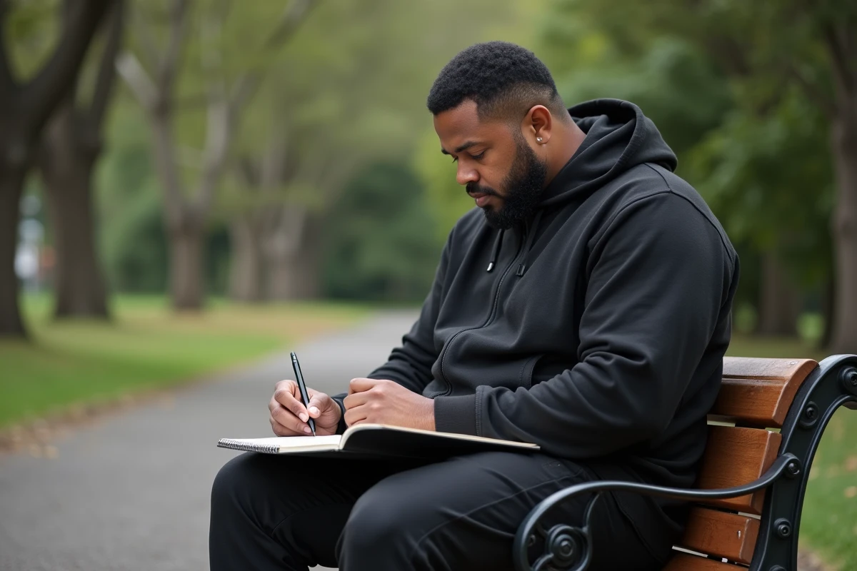 Joe Seanoa dans un parc, prenant des notes dans un carnet lors d'un moment de réflexion personnelle en dehors du ring