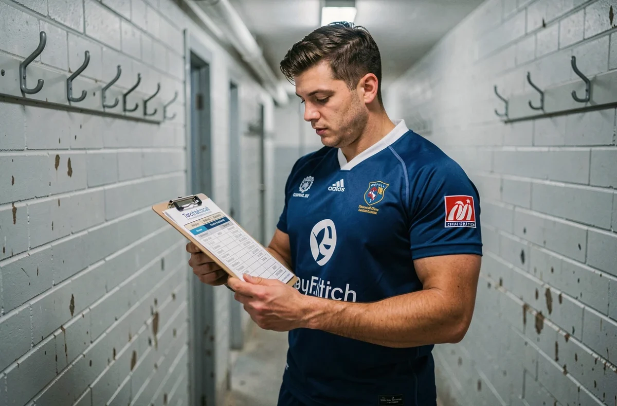Joueur de rugby Nationale 2 consultant le classement domicile et extérieur sur une feuille de résultats tactique