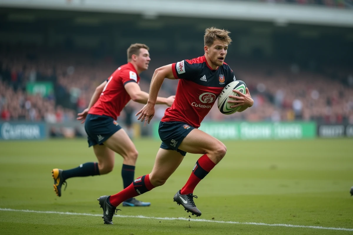 Joueur de rugby en pleine course avec le ballon lors d'un match de Fédérale 2 Poule 3 en France