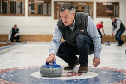 Joueur de curling en club relâchant une pierre de curling sur la glace lors d'une partie récréative