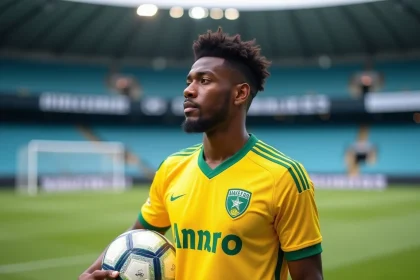 Joueur du FC Nantes en maillot jaune et vert tenant un ballon lors d'une séance d'entraînement sur le terrain