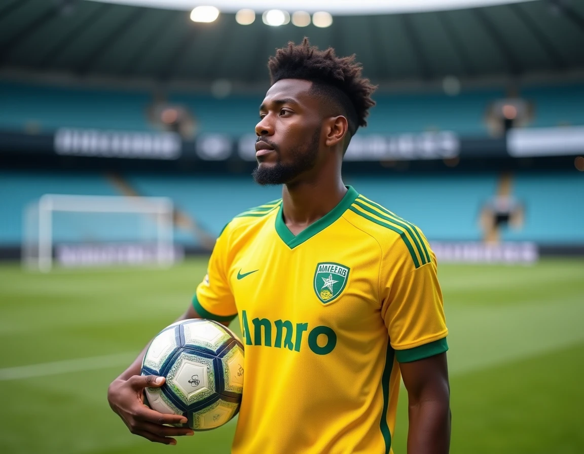 Joueur du FC Nantes en maillot jaune et vert tenant un ballon lors d'une séance d'entraînement sur le terrain