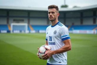 Joueur du Football Club Versailles 78 en tenue officielle sur le terrain, portrait 3/4 illustrant les chances de montée en fin de saison